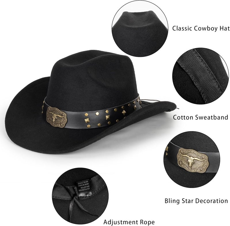 Eohak Womens Western Cowboy Hats Studded Pinched Western Cowgirl Hats Wide Brim Fedoras Hat with Belt Buckle (Size:Medium) - Image 3